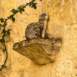 Jakobsweg La Romieu Ornament Katze auf Mauervorsprung